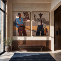 Fish Stories Cross Lines - fishing Western figures by Elliot Vale, modern figurative set of 2 wall art - styled room scene view 2