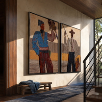 Fish Stories Cross Lines - fishing Western figures by Elliot Vale, modern figurative set of 2 wall art - styled room scene view 3