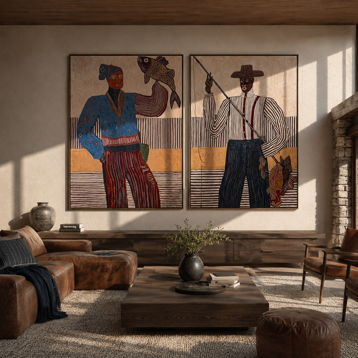 Fish Stories Cross Lines - fishing Western figures by Elliot Vale, modern figurative set of 2 wall art - styled room scene view 4