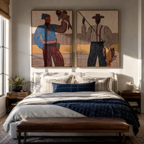 Fish Stories Cross Lines - fishing Western figures by Elliot Vale, modern figurative set of 2 wall art - styled room scene view 5