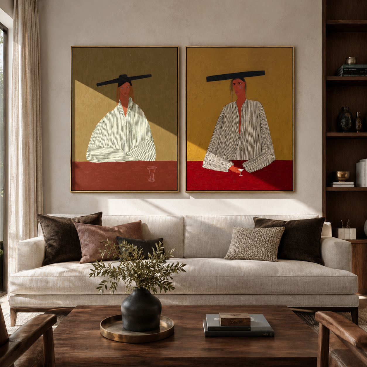 Wide Hats Mark Stillness - seated cowboy pair by Elliot Vale, modern figurative set of 2 wall art - styled room scene view 1