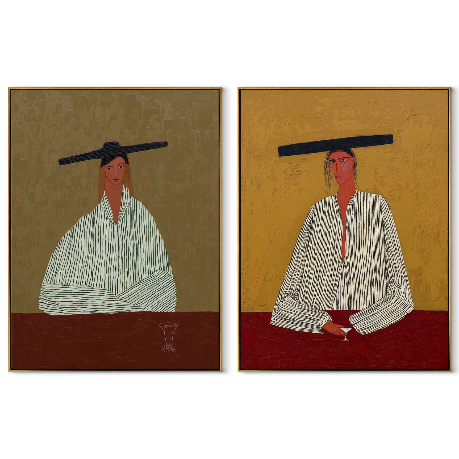 Wide Hats Mark Stillness - seated cowboy pair by Elliot Vale, modern figurative set of 2 wall art - complete two-panel artwork set on white background