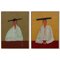 Wide Hats Mark Stillness - seated cowboy pair by Elliot Vale, modern figurative set of 2 wall art - complete two-panel artwork set on white background