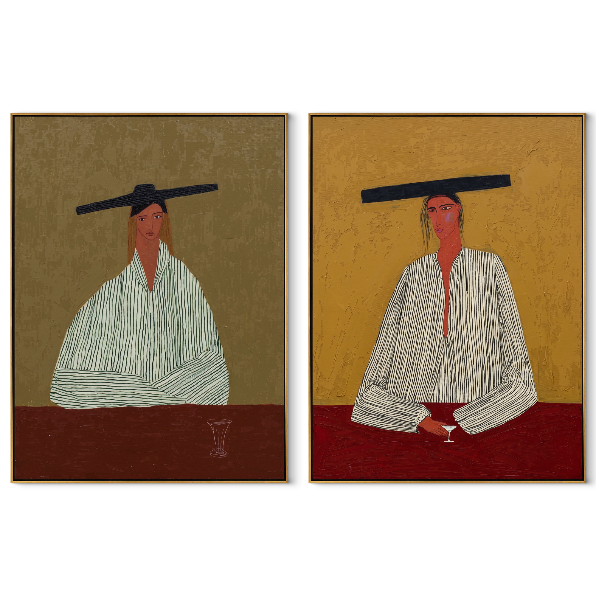 Wide Hats Mark Stillness - seated cowboy pair by Elliot Vale, modern figurative set of 2 wall art - complete two-panel artwork set on white background