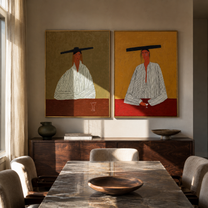 Wide Hats Mark Stillness - seated cowboy pair by Elliot Vale, modern figurative set of 2 wall art - styled room scene view 2
