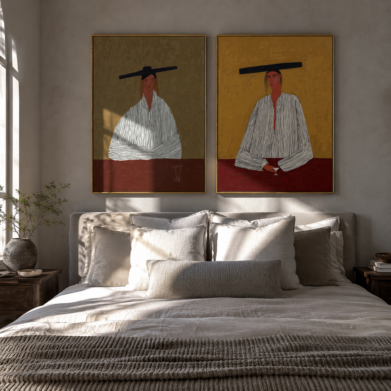 Wide Hats Mark Stillness - seated cowboy pair by Elliot Vale, modern figurative set of 2 wall art - styled room scene view 3