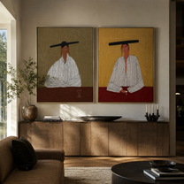 Wide Hats Mark Stillness - seated cowboy pair by Elliot Vale, modern figurative set of 2 wall art - styled room scene view 4