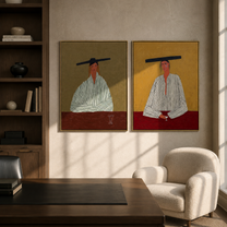 Wide Hats Mark Stillness - seated cowboy pair by Elliot Vale, modern figurative set of 2 wall art - styled room scene view 5