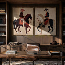 Black White Riders Pass - contrasting horse riders by Elliot Vale, modern figurative set of 2 wall art - styled room scene view 1