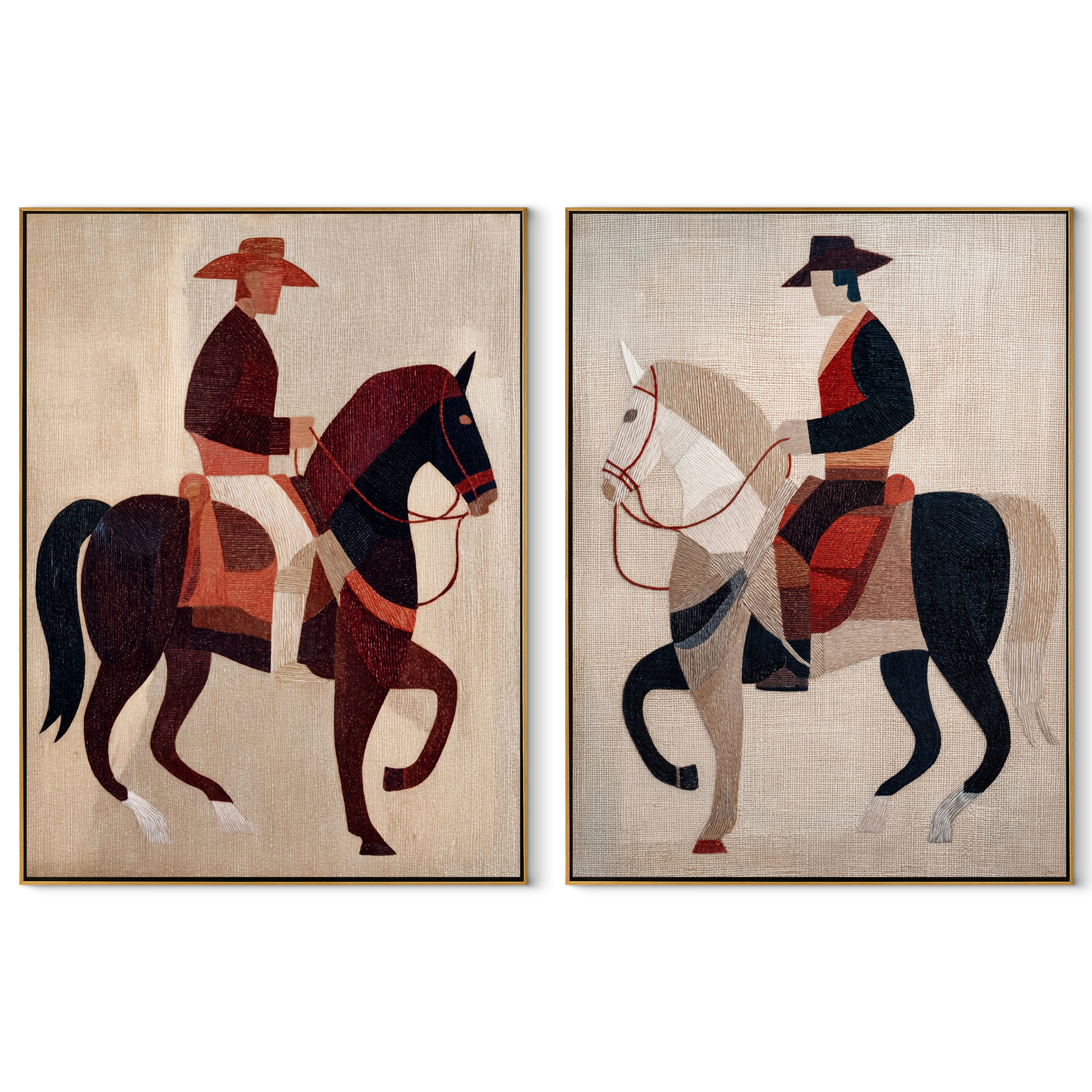 Black White Riders Pass - contrasting horse riders by Elliot Vale, modern figurative set of 2 wall art - complete two-panel artwork set on white background