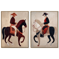 Black White Riders Pass - contrasting horse riders by Elliot Vale, modern figurative set of 2 wall art - complete two-panel artwork set on white background