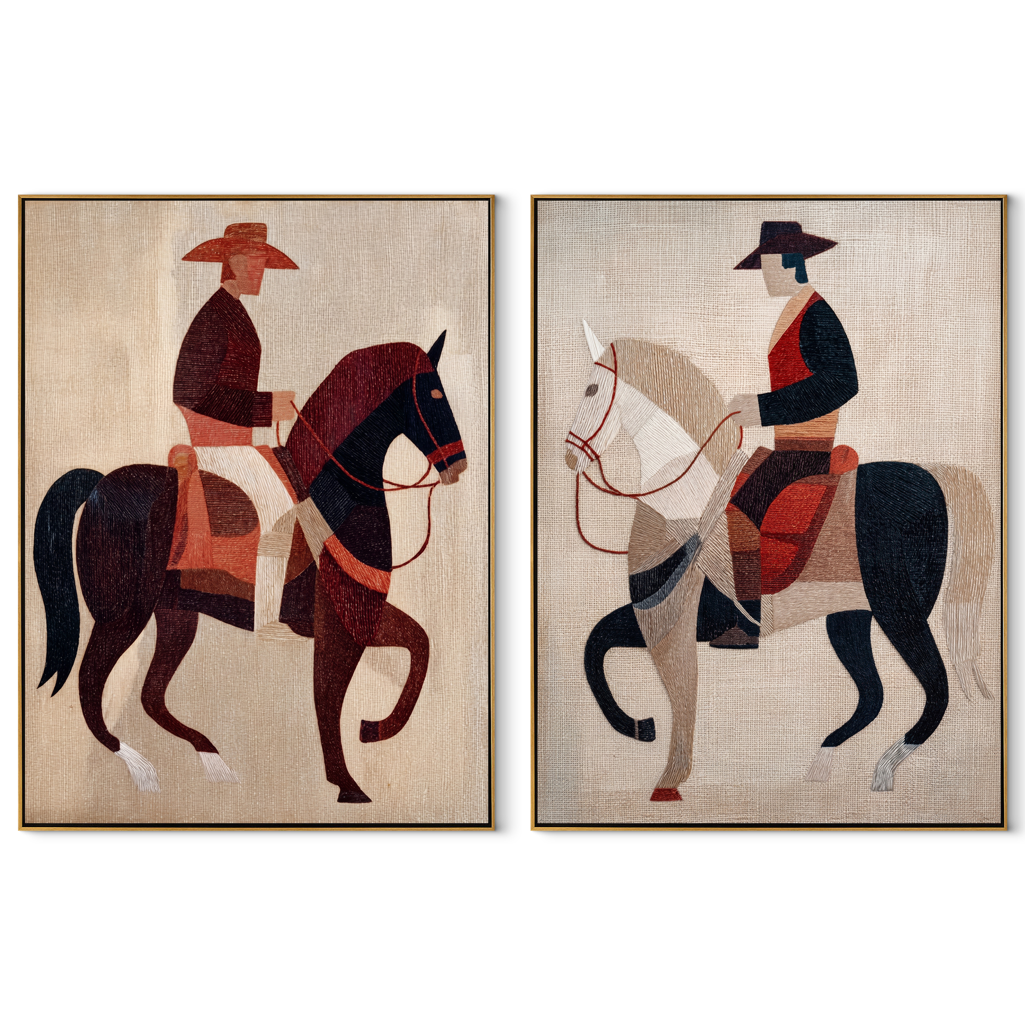 Black White Riders Pass - contrasting horse riders by Elliot Vale, modern figurative set of 2 wall art - complete two-panel artwork set on white background