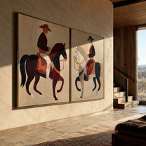 Black White Riders Pass - contrasting horse riders by Elliot Vale, modern figurative set of 2 wall art - styled room scene view 2