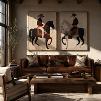 Black White Riders Pass - contrasting horse riders by Elliot Vale, modern figurative set of 2 wall art - styled room scene view 3