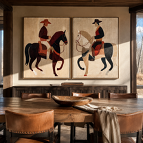 Black White Riders Pass - contrasting horse riders by Elliot Vale, modern figurative set of 2 wall art - styled room scene view 4