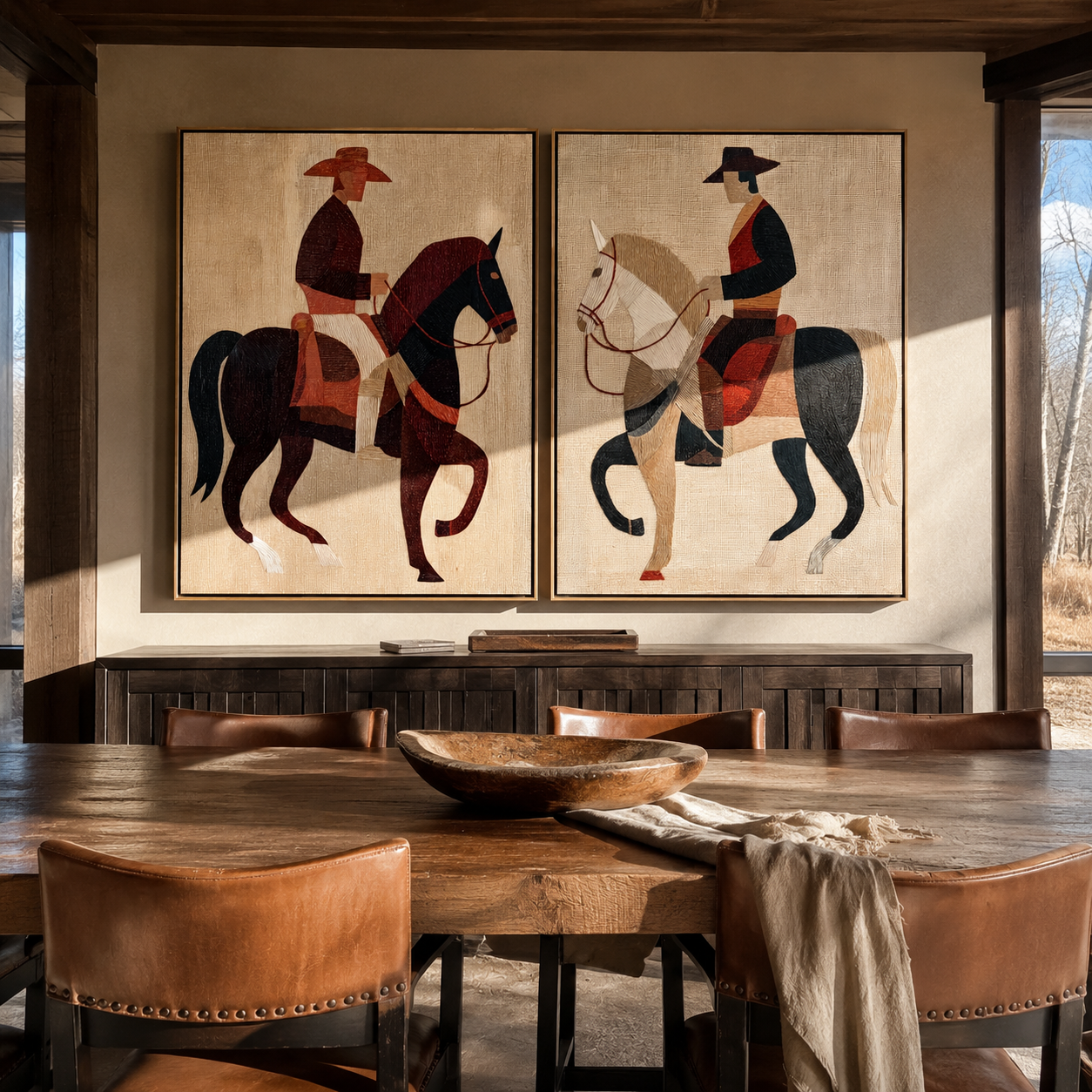 Black White Riders Pass - contrasting horse riders by Elliot Vale, modern figurative set of 2 wall art - styled room scene view 4