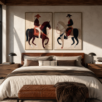 Black White Riders Pass - contrasting horse riders by Elliot Vale, modern figurative set of 2 wall art - styled room scene view 5