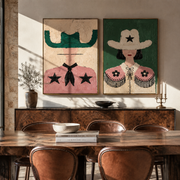 Stars Bloom Across Collars - star cowgirl pair by Elliot Vale, modern figurative set of 2 wall art - styled room scene view 1