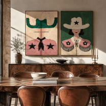 Stars Bloom Across Collars - star cowgirl pair by Elliot Vale, modern figurative set of 2 wall art - styled room scene view 1