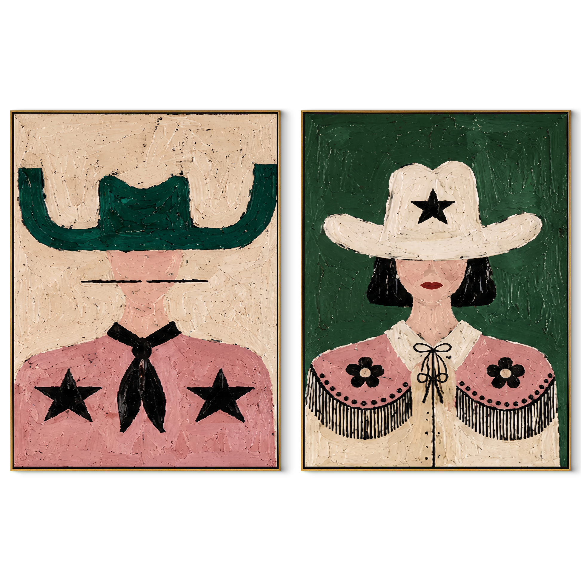 Stars Bloom Across Collars - star cowgirl pair by Elliot Vale, modern figurative set of 2 wall art - complete two-panel artwork set on white background