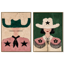 Stars Bloom Across Collars - star cowgirl pair by Elliot Vale, modern figurative set of 2 wall art - complete two-panel artwork set on white background