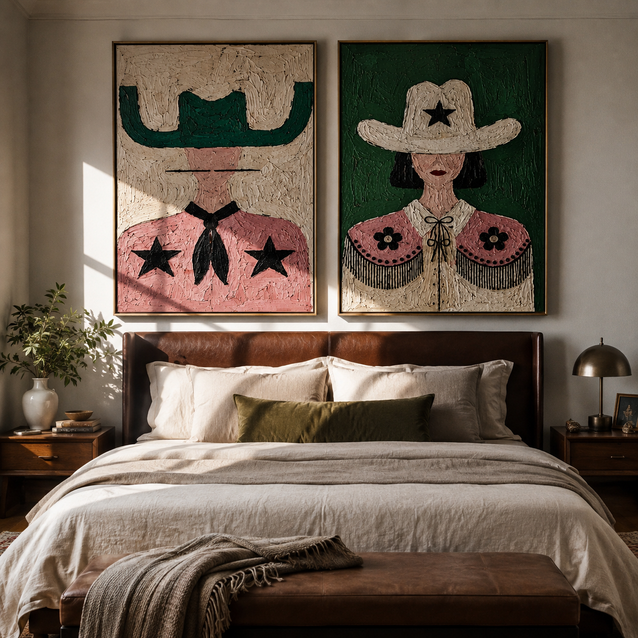 Stars Bloom Across Collars - star cowgirl pair by Elliot Vale, modern figurative set of 2 wall art - styled room scene view 2