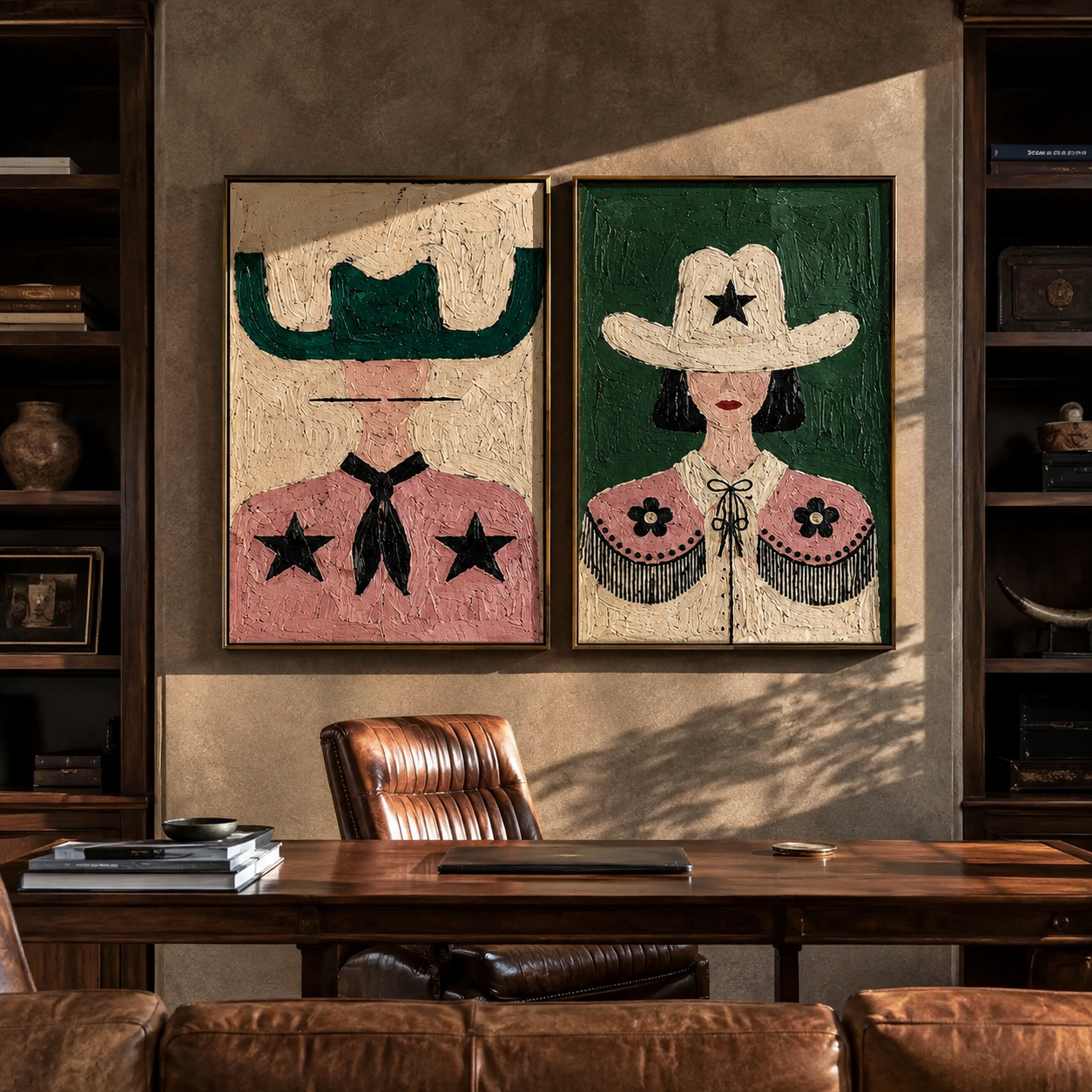 Stars Bloom Across Collars - star cowgirl pair by Elliot Vale, modern figurative set of 2 wall art - styled room scene view 3