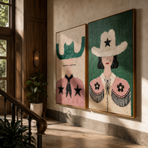 Stars Bloom Across Collars - star cowgirl pair by Elliot Vale, modern figurative set of 2 wall art - styled room scene view 4