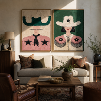 Stars Bloom Across Collars - star cowgirl pair by Elliot Vale, modern figurative set of 2 wall art - styled room scene view 5