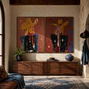 Golden Hats Meet Violet - colorful cowgirl portrait by Elliot Vale, modern figurative set of 2 wall art - styled room scene view 1