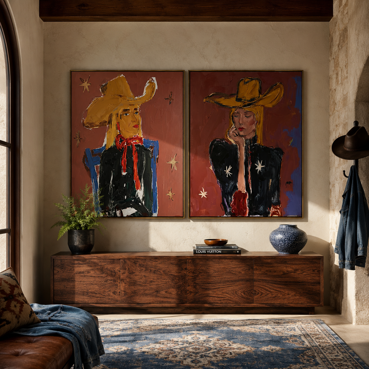 Golden Hats Meet Violet - colorful cowgirl portrait by Elliot Vale, modern figurative set of 2 wall art - styled room scene view 1