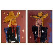 Golden Hats Meet Violet - colorful cowgirl portrait by Elliot Vale, modern figurative set of 2 wall art - complete two-panel artwork set on white background