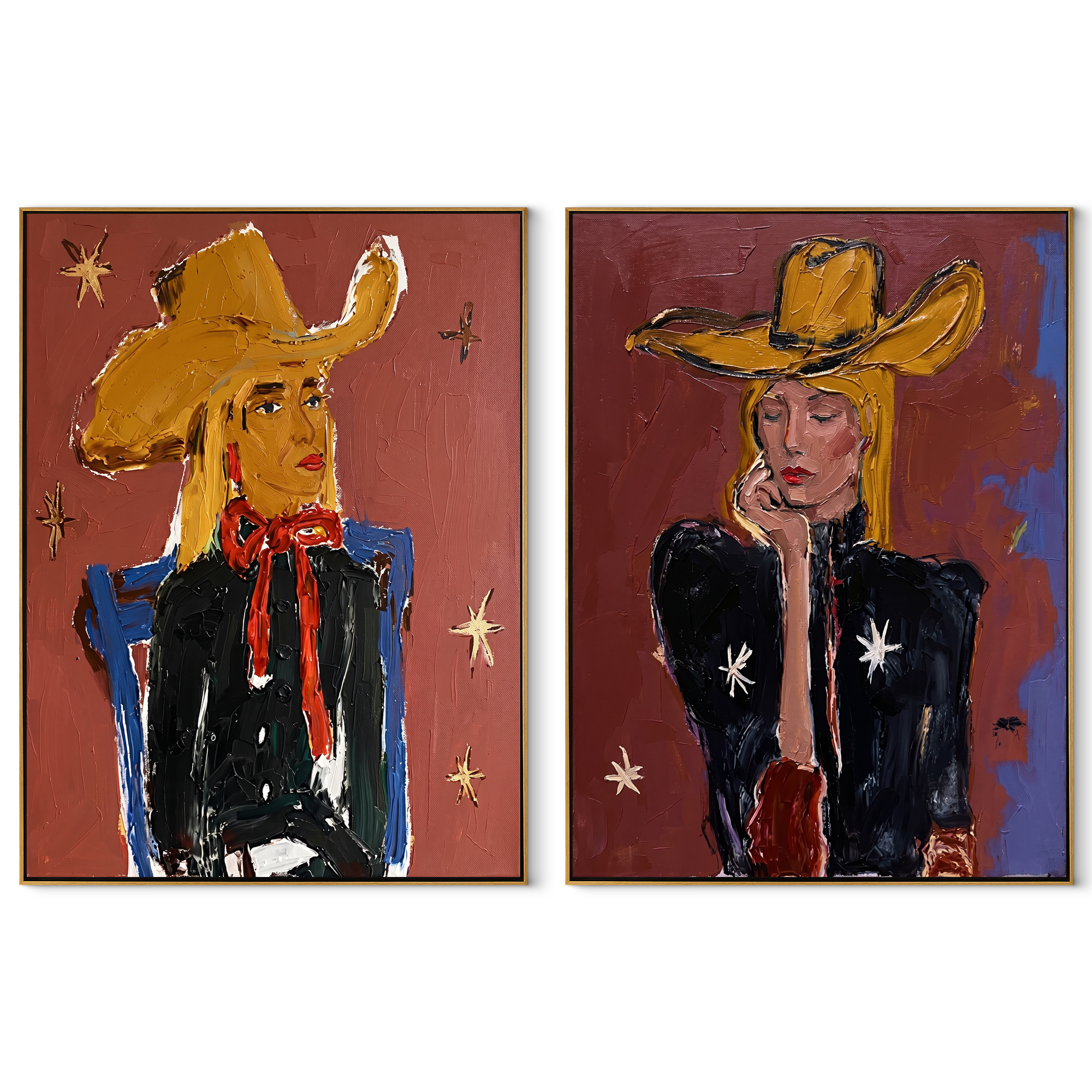Golden Hats Meet Violet - colorful cowgirl portrait by Elliot Vale, modern figurative set of 2 wall art - complete two-panel artwork set on white background