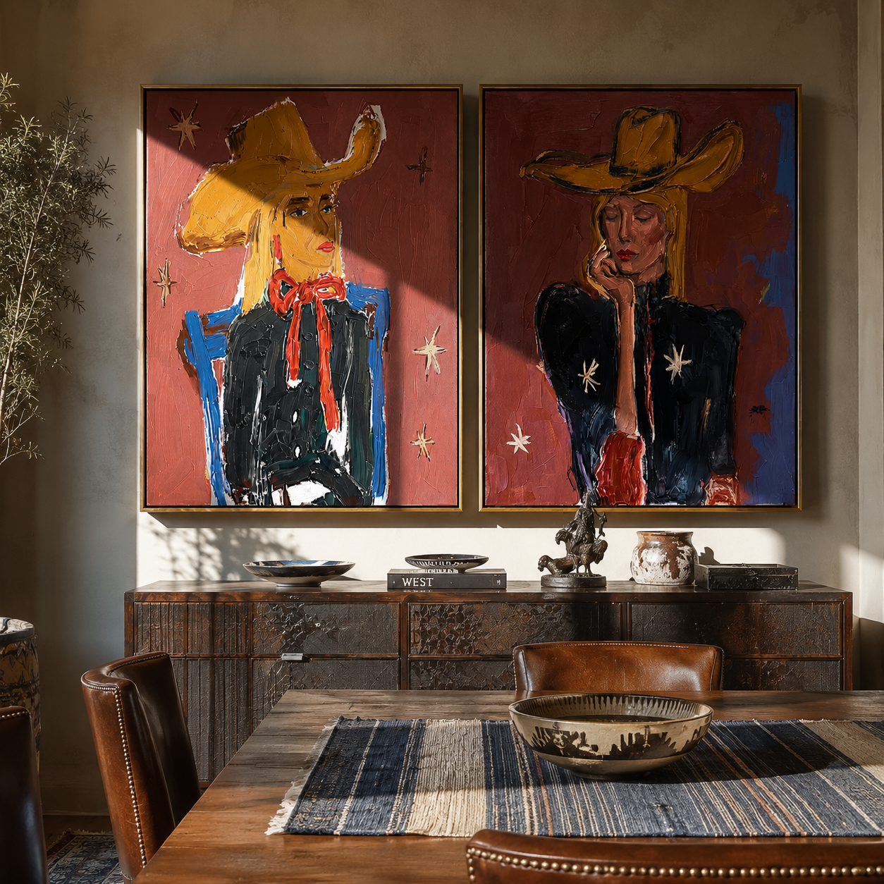 Golden Hats Meet Violet - colorful cowgirl portrait by Elliot Vale, modern figurative set of 2 wall art - styled room scene view 2