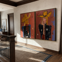 Golden Hats Meet Violet - colorful cowgirl portrait by Elliot Vale, modern figurative set of 2 wall art - styled room scene view 3