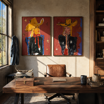 Golden Hats Meet Violet - colorful cowgirl portrait by Elliot Vale, modern figurative set of 2 wall art - styled room scene view 4