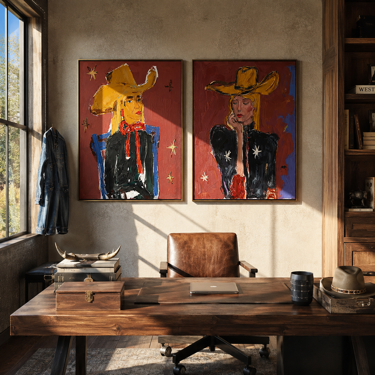 Golden Hats Meet Violet - colorful cowgirl portrait by Elliot Vale, modern figurative set of 2 wall art - styled room scene view 4