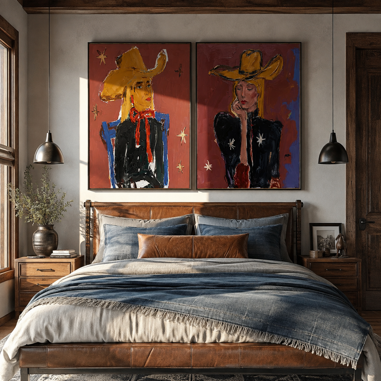 Golden Hats Meet Violet - colorful cowgirl portrait by Elliot Vale, modern figurative set of 2 wall art - styled room scene view 5