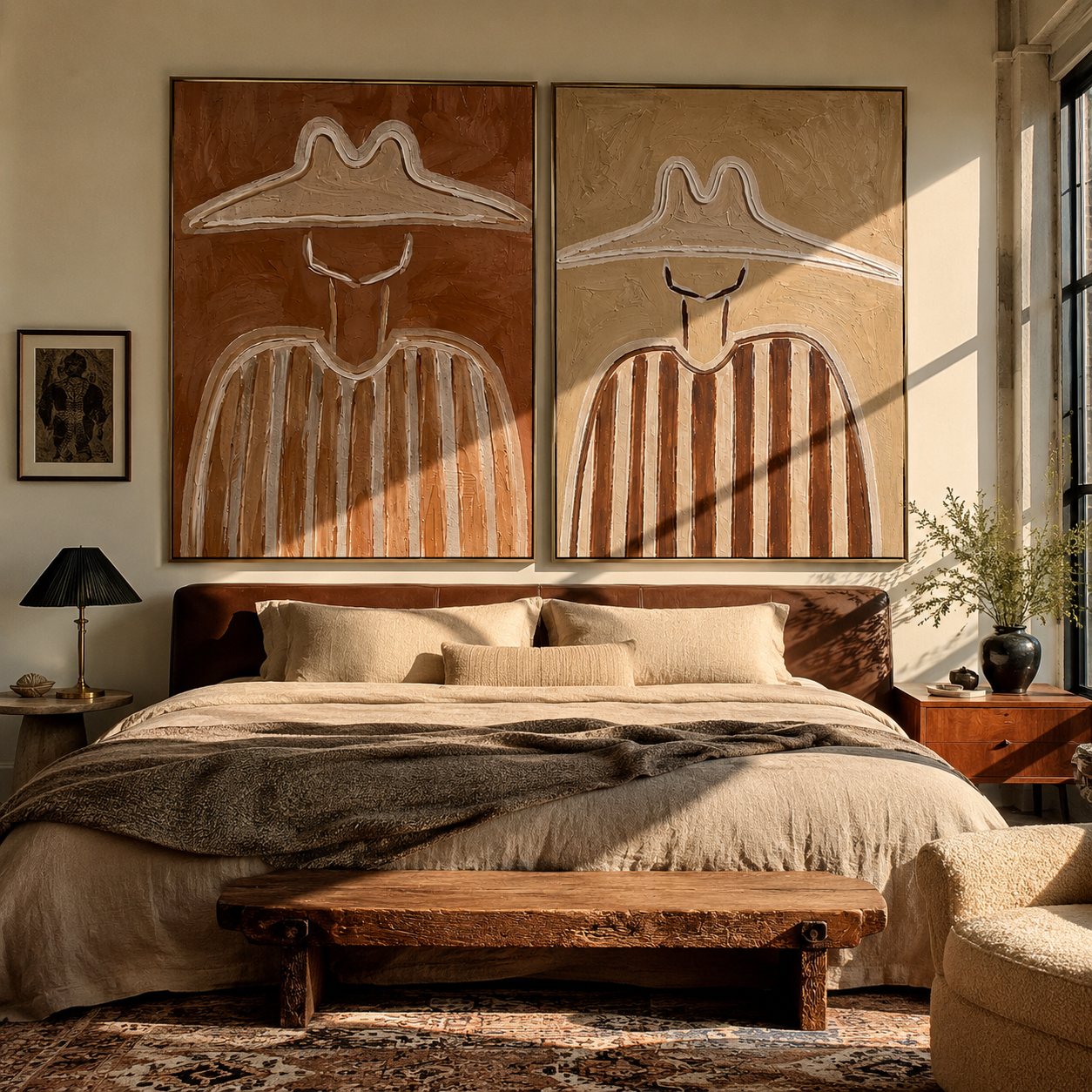 White Ridges Crown Umber - outlined stripe portrait by Elliot Vale, modern figurative set of 2 wall art - styled room scene view 1