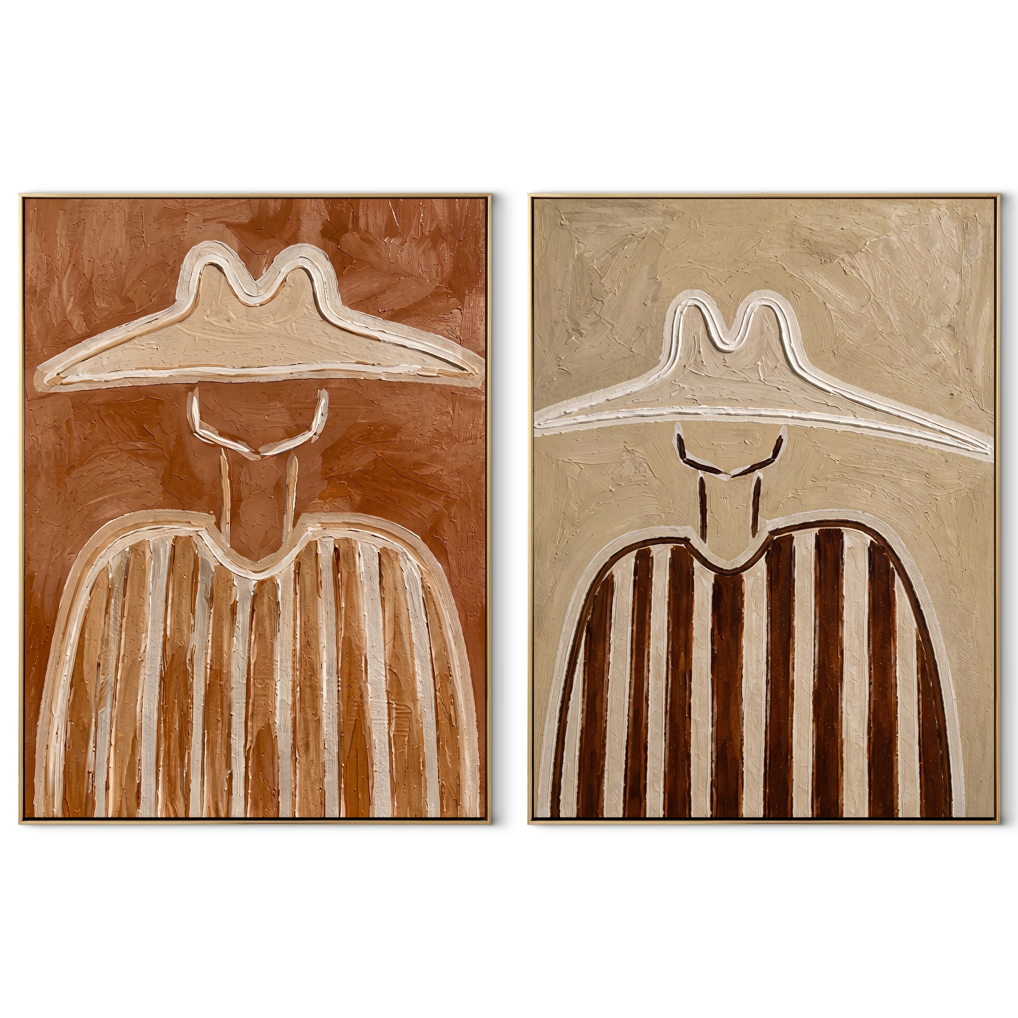 White Ridges Crown Umber - outlined stripe portrait by Elliot Vale, modern figurative set of 2 wall art - complete two-panel artwork set on white background