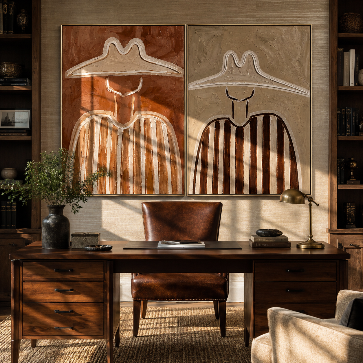 White Ridges Crown Umber - outlined stripe portrait by Elliot Vale, modern figurative set of 2 wall art - styled room scene view 2