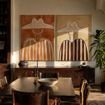 White Ridges Crown Umber - outlined stripe portrait by Elliot Vale, modern figurative set of 2 wall art - styled room scene view 3