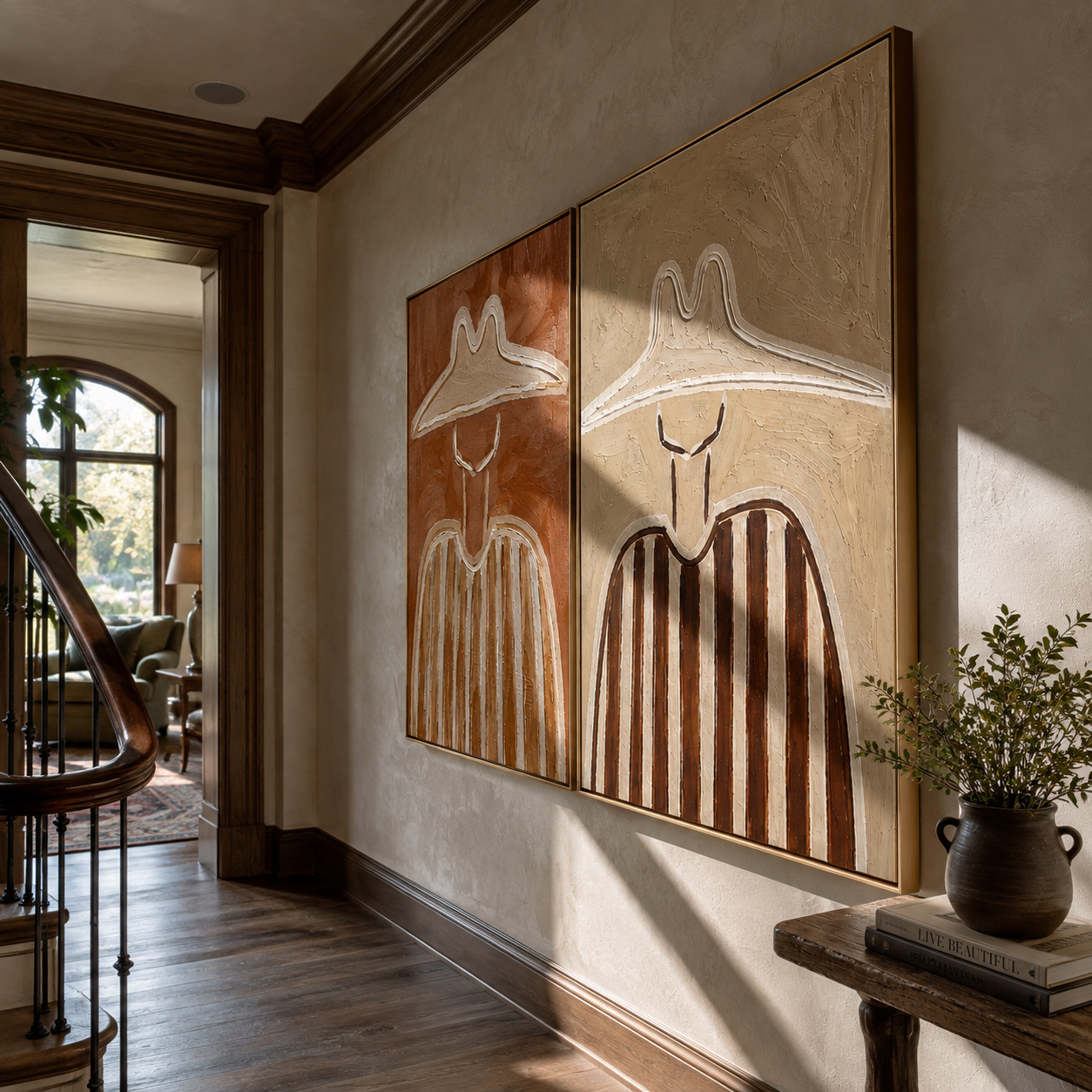 White Ridges Crown Umber - outlined stripe portrait by Elliot Vale, modern figurative set of 2 wall art - styled room scene view 4