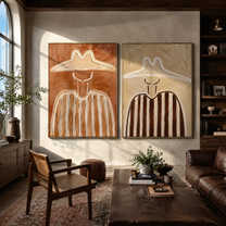 White Ridges Crown Umber - outlined stripe portrait by Elliot Vale, modern figurative set of 2 wall art - styled room scene view 5