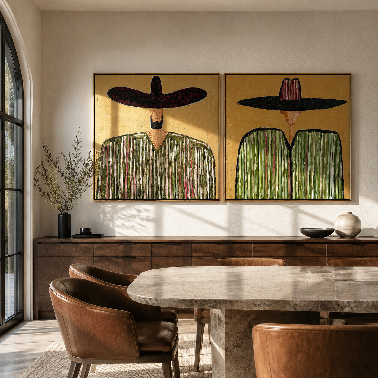 Green Brims Hold Pattern - green sombrero figures by Elliot Vale, modern figurative set of 2 wall art - styled room scene view 1