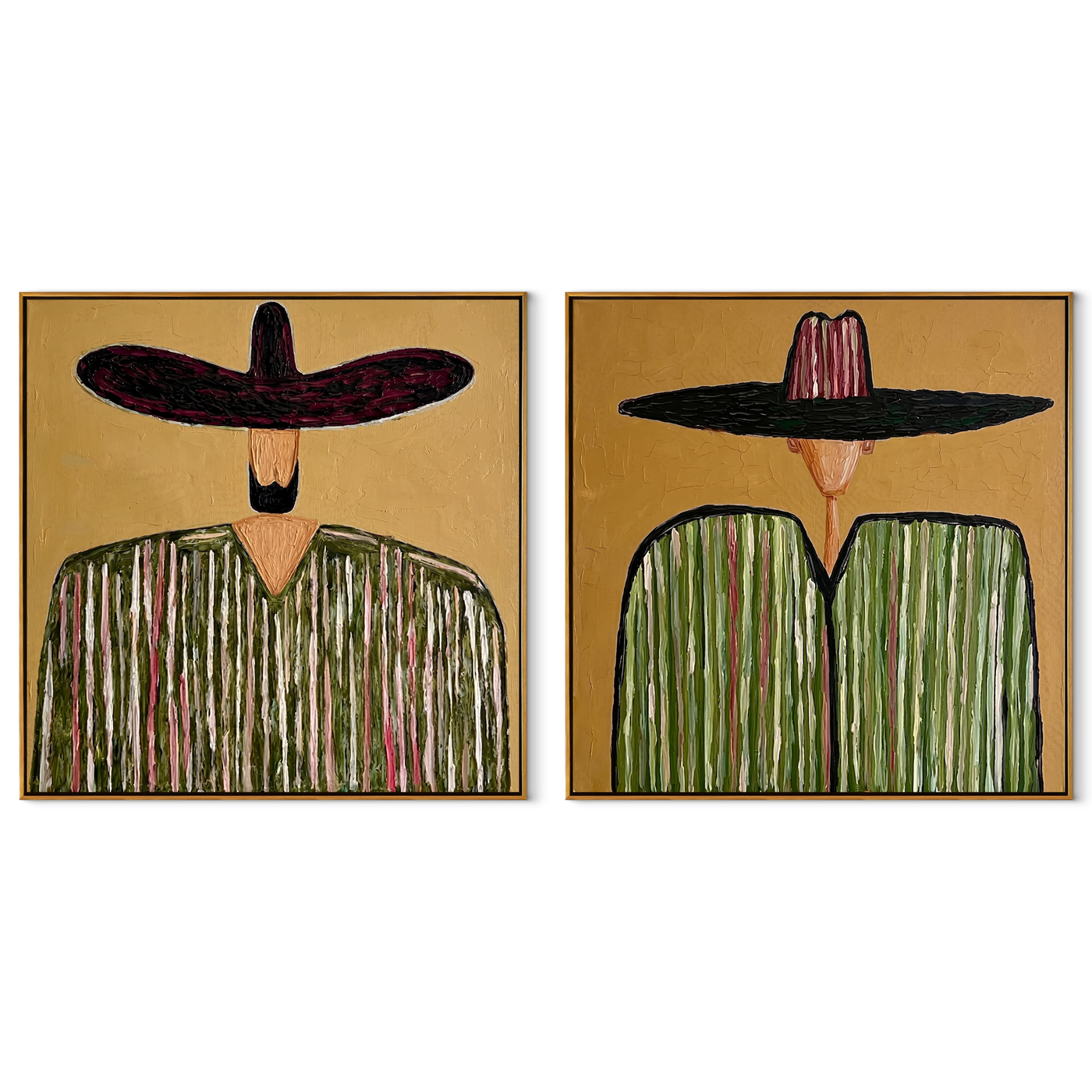 Green Brims Hold Pattern - green sombrero figures by Elliot Vale, modern figurative set of 2 wall art - complete two-panel artwork set on white background