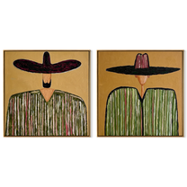 Green Brims Hold Pattern - green sombrero figures by Elliot Vale, modern figurative set of 2 wall art - complete two-panel artwork set on white background