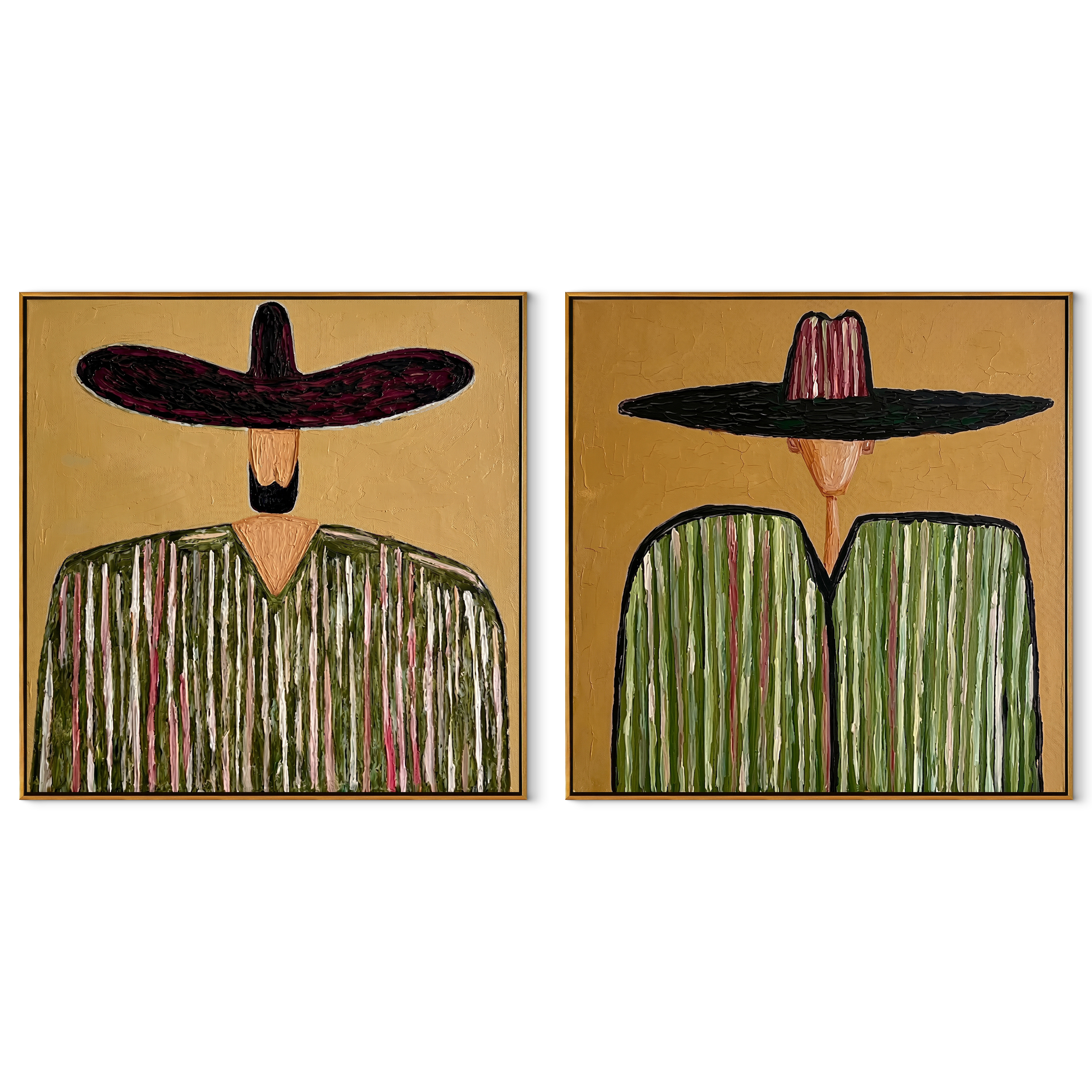 Green Brims Hold Pattern - green sombrero figures by Elliot Vale, modern figurative set of 2 wall art - complete two-panel artwork set on white background