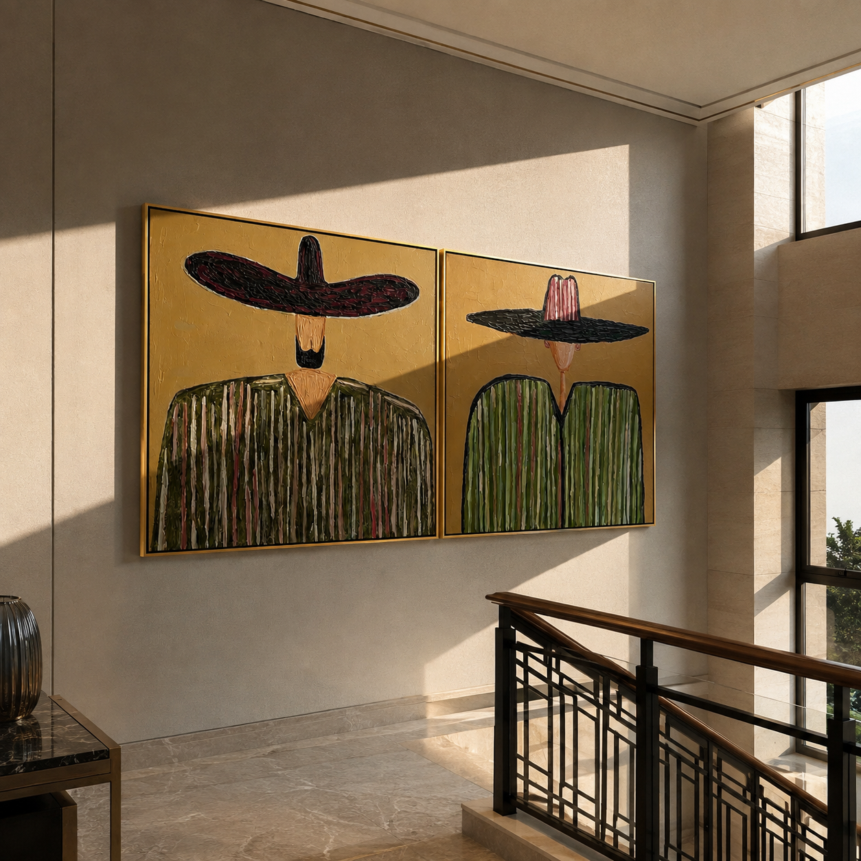Green Brims Hold Pattern - green sombrero figures by Elliot Vale, modern figurative set of 2 wall art - styled room scene view 2