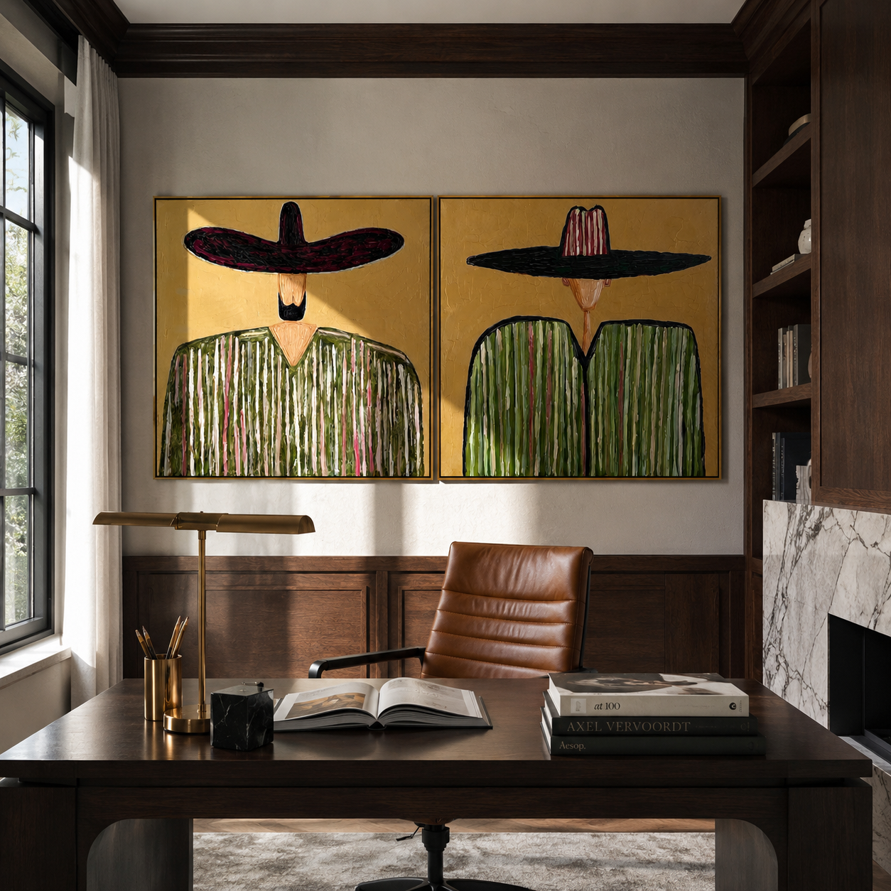 Green Brims Hold Pattern - green sombrero figures by Elliot Vale, modern figurative set of 2 wall art - styled room scene view 3